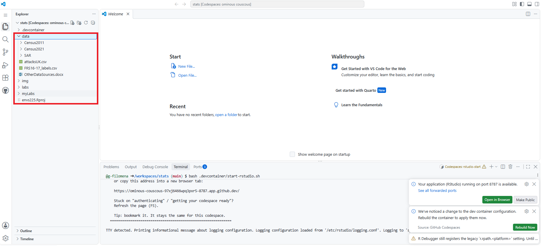 VS Code Explorer panel with the data folder highlighted.